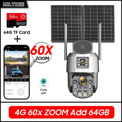 Cámara de vigilancia solar exterior iCsee 4G de 25 W, resolución 4K, zoom óptico 60X, seguimiento automático, batería de 31200 mAh, grabación continua 24/7, cámara IP de seguridad PTZ.