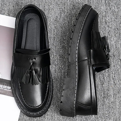 Zapatos de vestir negros para hombre, con plataforma y cuña, sin cordones, informales, de cuero, estilo británico, para negocios, formales, para boda y fiesta, 2025