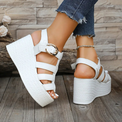 Sandalias de tacón grueso estilo romano de moda, zapatos de mujer, zapatillas de plataforma de tacón alto de verano, sandalias de suela plana con hebilla elegante
