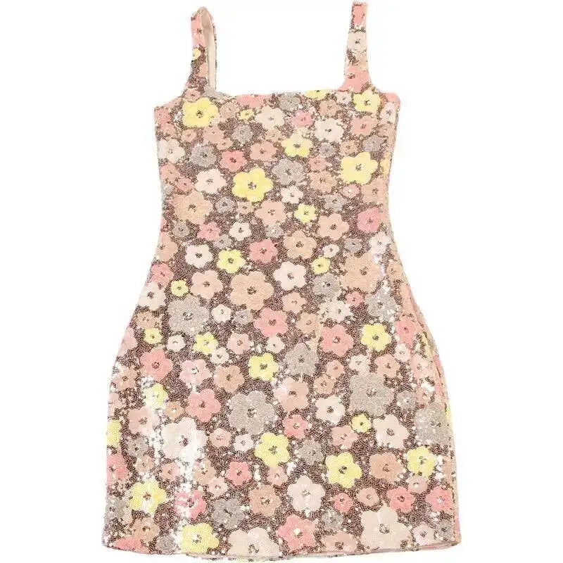 Vestido de fiesta sexy para mujer, estilo discoteca, con lentejuelas florales, tipo pueblo, tirantes finos, mini, primavera/verano 2025, vestido ajustado y entallado.