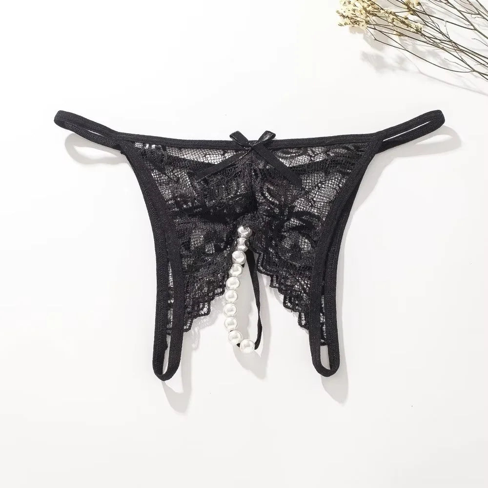 Lencería sin entrepierna, bragas para mujer, tanga con perlas, juguetes eróticos, ropa interior transparente, sexy, con abertura en la cadera y tanga tipo G.