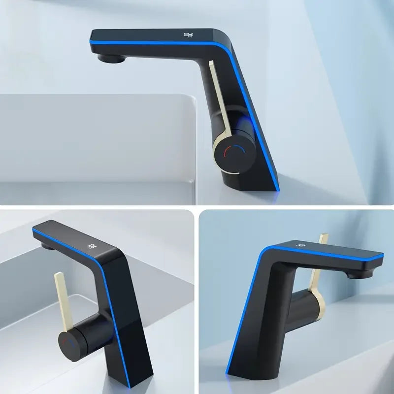 Grifo de baño moderno con pantalla digital de temperatura: interfaz táctil, sin pilas, interruptor Celsius/Fahrenheit.