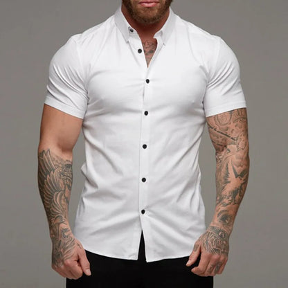 Camisas de vestir ajustadas para hombre, estilo casual de verano, con cuello vuelto, manga corta y botones LXDZ-110