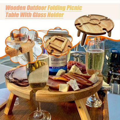 Mesa de picnic plegable de madera para exteriores 2 en 1 con portavasos de vidrio, plato de fruta redondo portátil, escritorio plegable para playa y jardín.