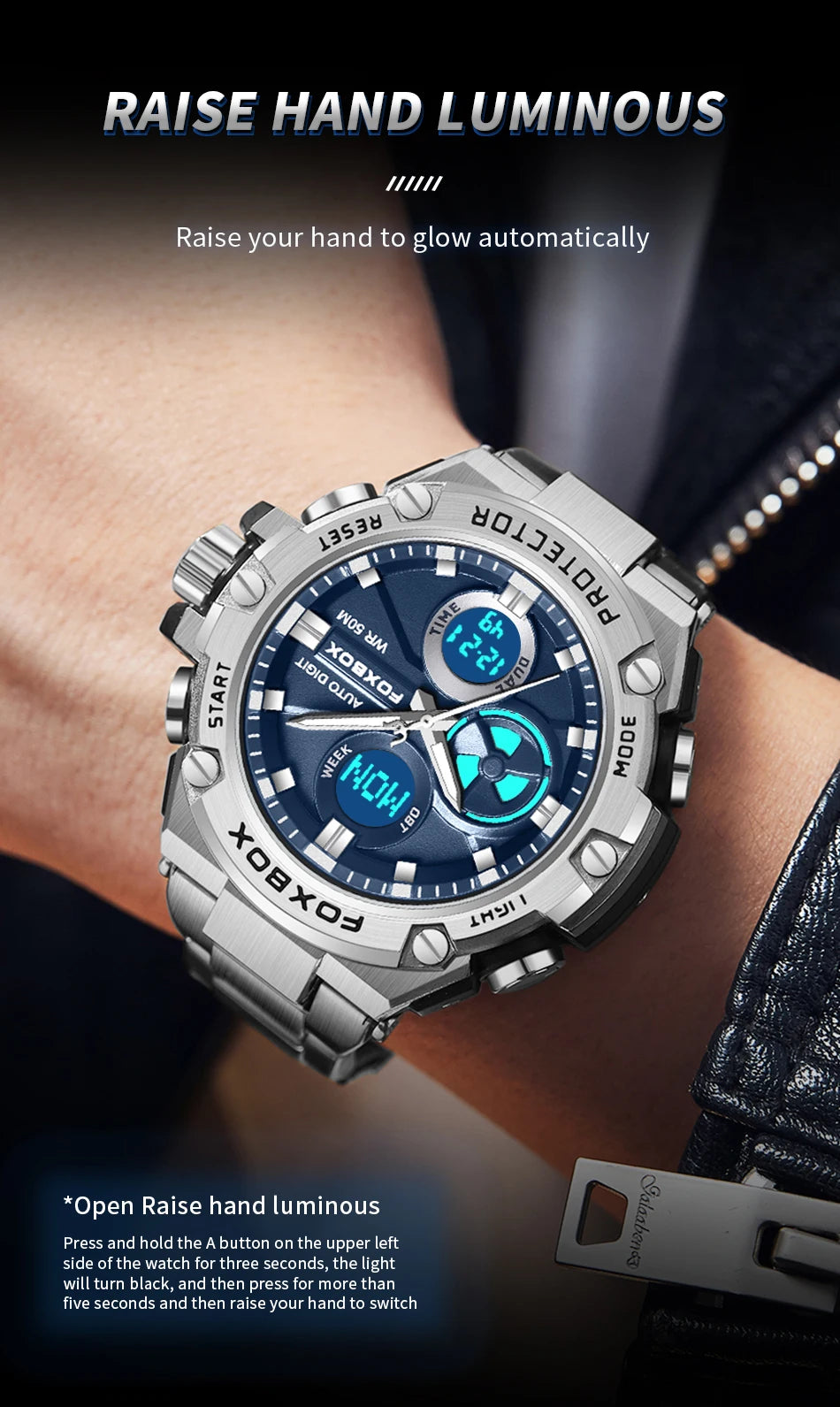 FOXBOX Relojes deportivos de lujo para hombre, reloj de pulsera de cuarzo de lujo, acero, resistente al agua, doble pantalla, relojes militares para hombre, reloj hommes