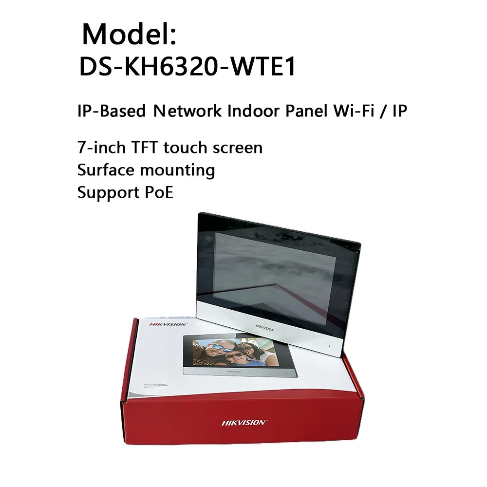 Videoportero interior Hikvision DS-KH6320-WTE1 con pantalla TFT de 7 pulgadas, PoE, WiFi, estación IP y compatibilidad con varios idiomas.
