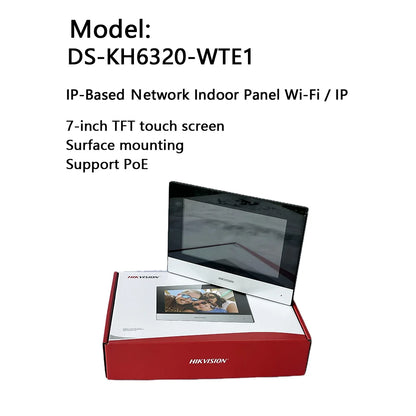 Videoportero interior Hikvision DS-KH6320-WTE1 con pantalla TFT de 7 pulgadas, PoE, WiFi, estación IP y compatibilidad con varios idiomas.