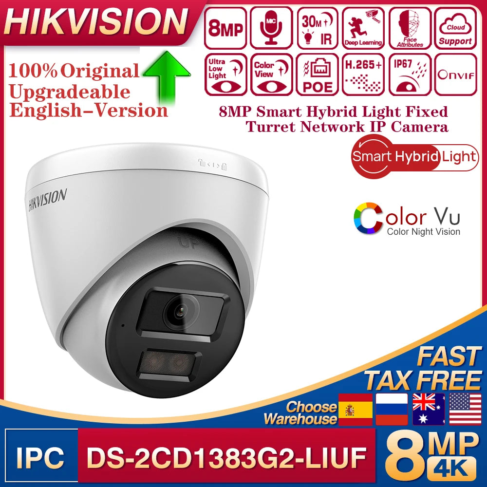 Cámara IP Hikvision ColorVu Smart Hybrid Light DS-2CD1383G2-LIU 4K 8MP con doble luz blanca y micrófono integrado.