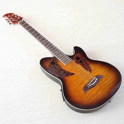 Guitarra acústica de fondo redondo con pequeños defectos, tapa flameada de alto brillo, 6 cuerdas, 38"