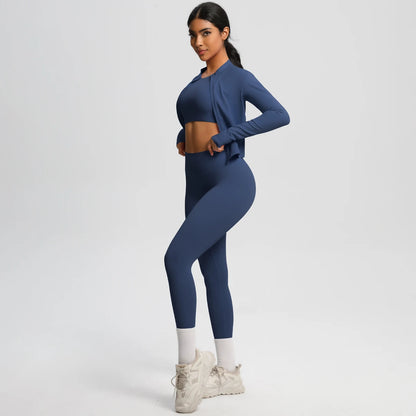 Conjunto de leggings de yoga, top deportivo con cremallera y manga larga, transpirable, para correr al aire libre, pantalones de yoga ajustados e informales, ropa de fitness