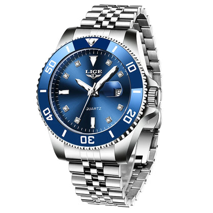 Reloj de lujo LIGE para hombre, reloj de cuarzo con esfera engastada de diamantes, resistente al agua, calendario, mariposa, doble cierre, acero inoxidable.