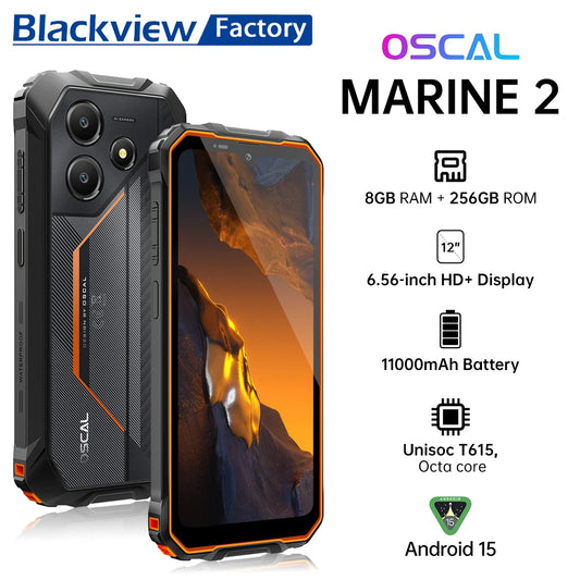 Teléfono resistente Blackview OSCAL Marine 2, 8 GB de RAM, 256 GB de almacenamiento, smartphone con IA, batería de 11000 mAh, pantalla HD+ de 6,56", procesador Unisoc T61, Android 15 y NFC.