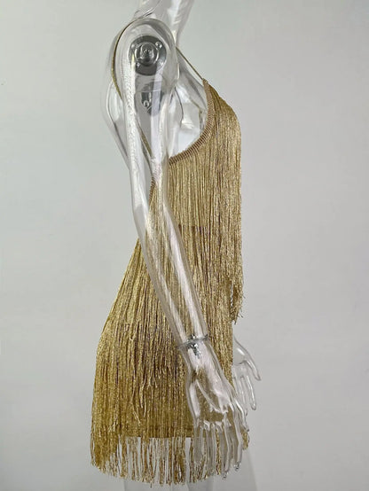 Leosoxs - Vestido mini ajustado con flecos, escote en V profundo, tirantes finos, borlas y espalda descubierta para mujer, estilo Gatsby, para cóctel o fiesta