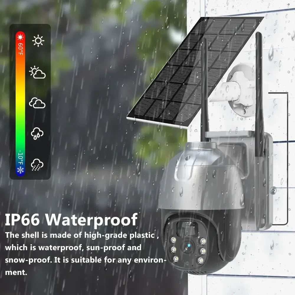 Cámara IP PTZ solar EseeCloud de 5 MP con WiFi, batería integrada, detección PIR, videovigilancia y audio bidireccional para seguridad exterior.