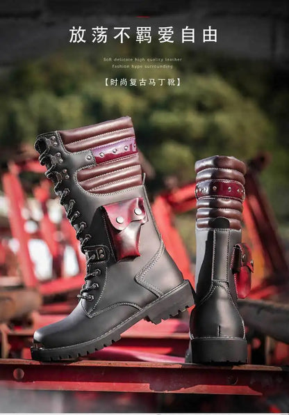 Botas altas de cuero para hombre, estilo motero, de invierno, estilo gótico punk, para hombre, estilo militar informal, para uso exterior.