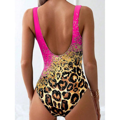 Nuevo bikini sexy estampado tie-dye con estampado de leopardo, traje de baño deportivo sin espalda, conjunto de bikini de una pieza para mujer