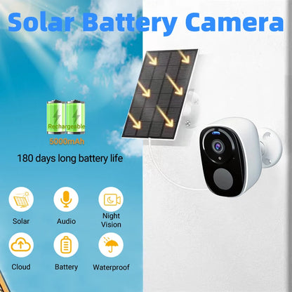 Cámara de seguridad solar inalámbrica para exteriores 2K 5MP con visión nocturna a color, funciona con batería, compatible con WiFi 2.4G, PIR, resistente al agua, comunicación bidireccional con Alexa