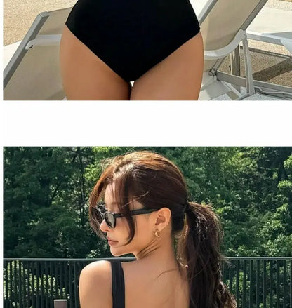 Traje de baño de una pieza con tirantes y espalda en V para chica sexy de 2025. Traje de baño de bikini sin espalda con fruncido de aguas termales.