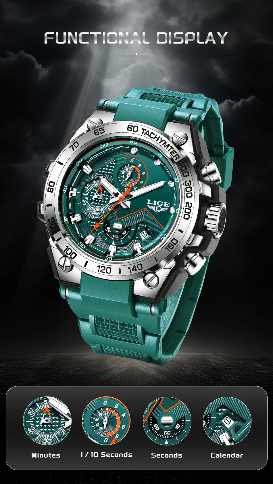 Reloj LIGE para hombre, multifunción, correa de silicona, resistente al agua, luminoso, calendario, moda, deportivo, cuarzo.