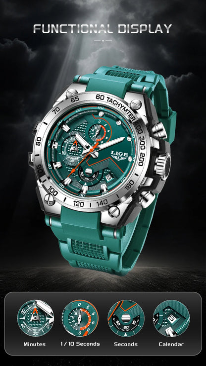 Reloj LIGE para hombre, multifunción, correa de silicona, resistente al agua, luminoso, calendario, moda, deportivo, cuarzo.