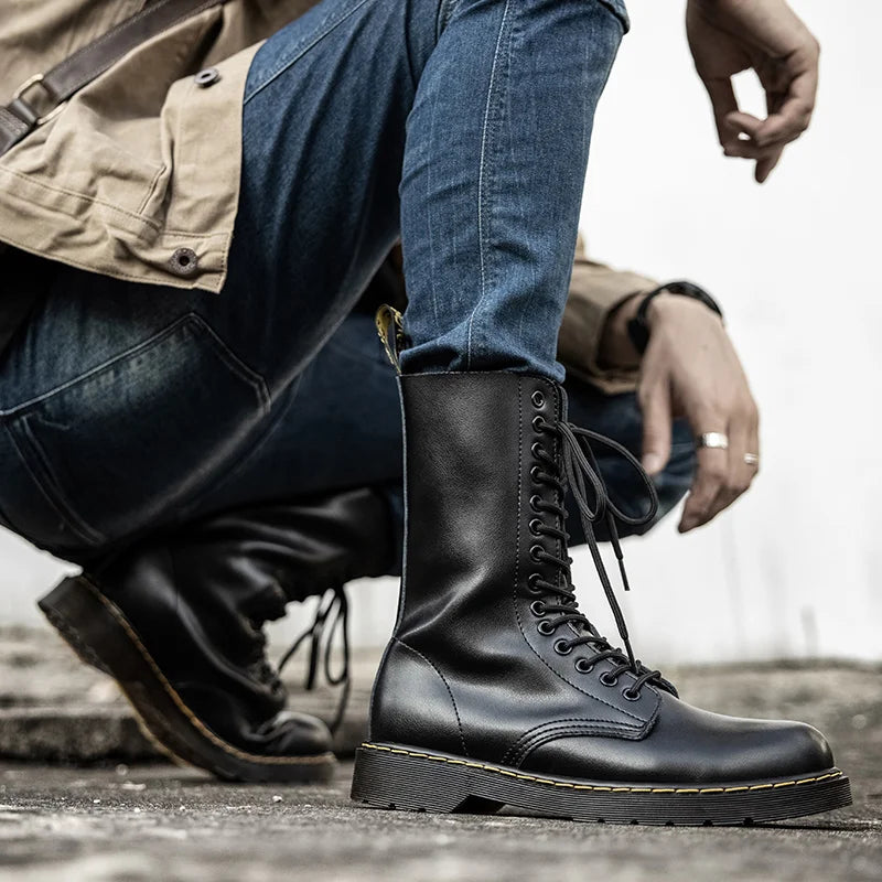 Botas Chelsea de piel auténtica para hombre y mujer, transpirables, largas, antideslizantes, de algodón cálido, para motocicleta