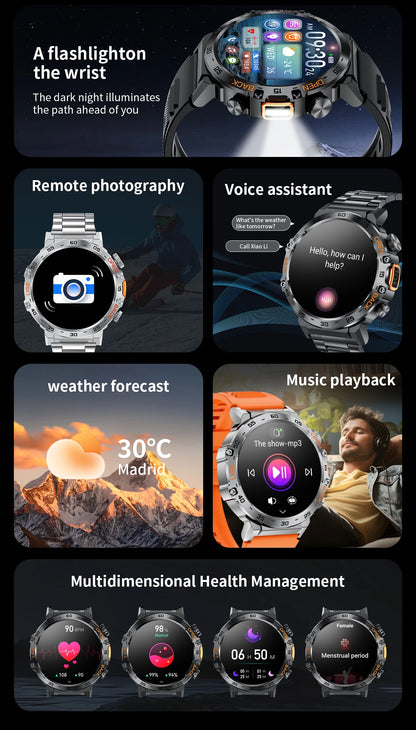 Nuevo reloj inteligente militar para hombre, pantalla AMOLED HD de 360*360, resistente al agua, con linterna LED, deportivo, para Android e iOS.