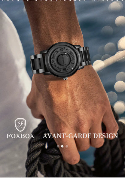 Relojes FOXBOX para hombre, marca de lujo, de cuero, resistente al agua, reloj de pulsera de cuarzo con puntero de desplazamiento y fuerza magnética.