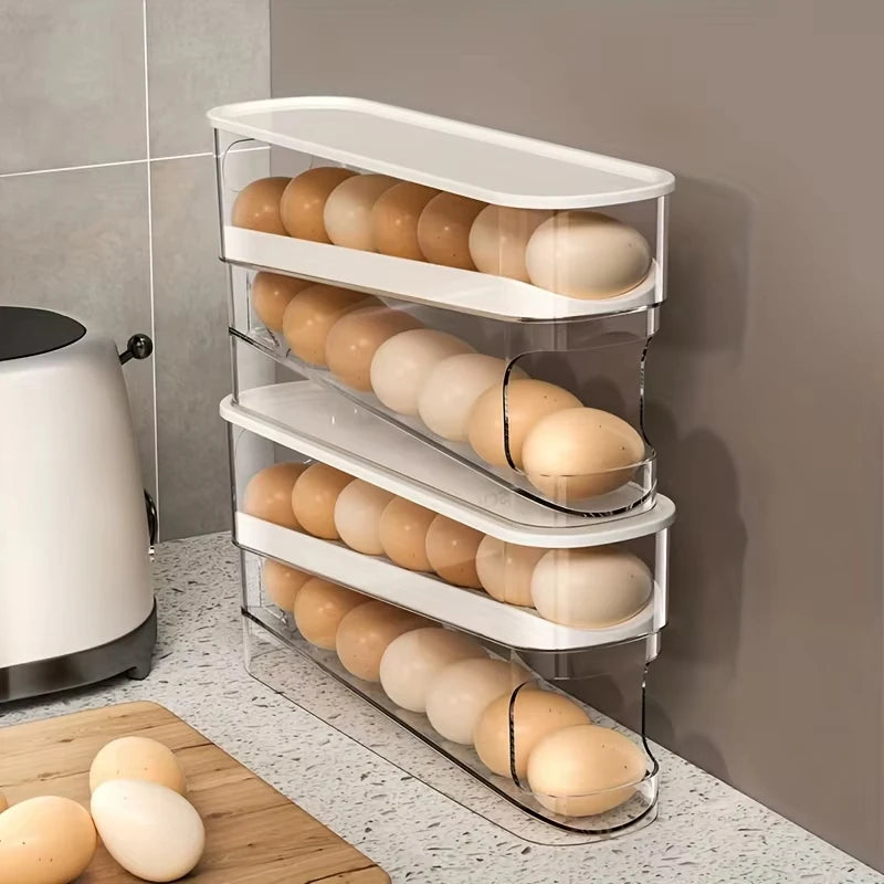 Caja de almacenamiento de huevos para refrigerador de dos capas, soporte automático para huevos con ruedas, estante estilo escalera, dispensador de huevos para refrigerador, organizador de huevos