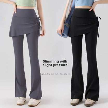 Leggings deportivas 2 en 1 con diseño de falda, dobladillo acampanado, cintura alta y cordón ajustable para yoga, actividades al aire libre y fitness.