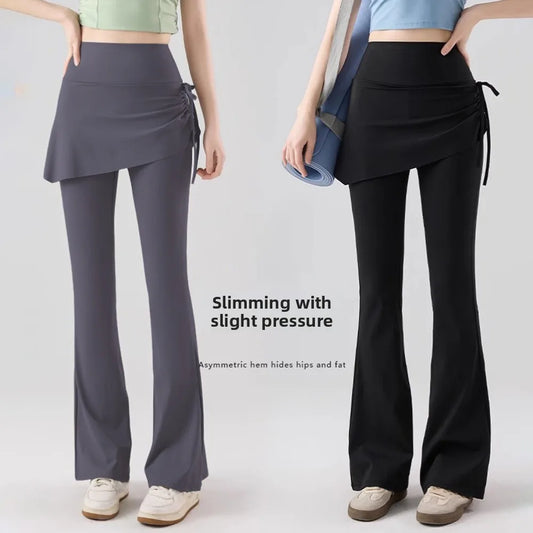 Leggings deportivas 2 en 1 con diseño de falda, dobladillo acampanado, cintura alta y cordón ajustable para yoga, actividades al aire libre y fitness.