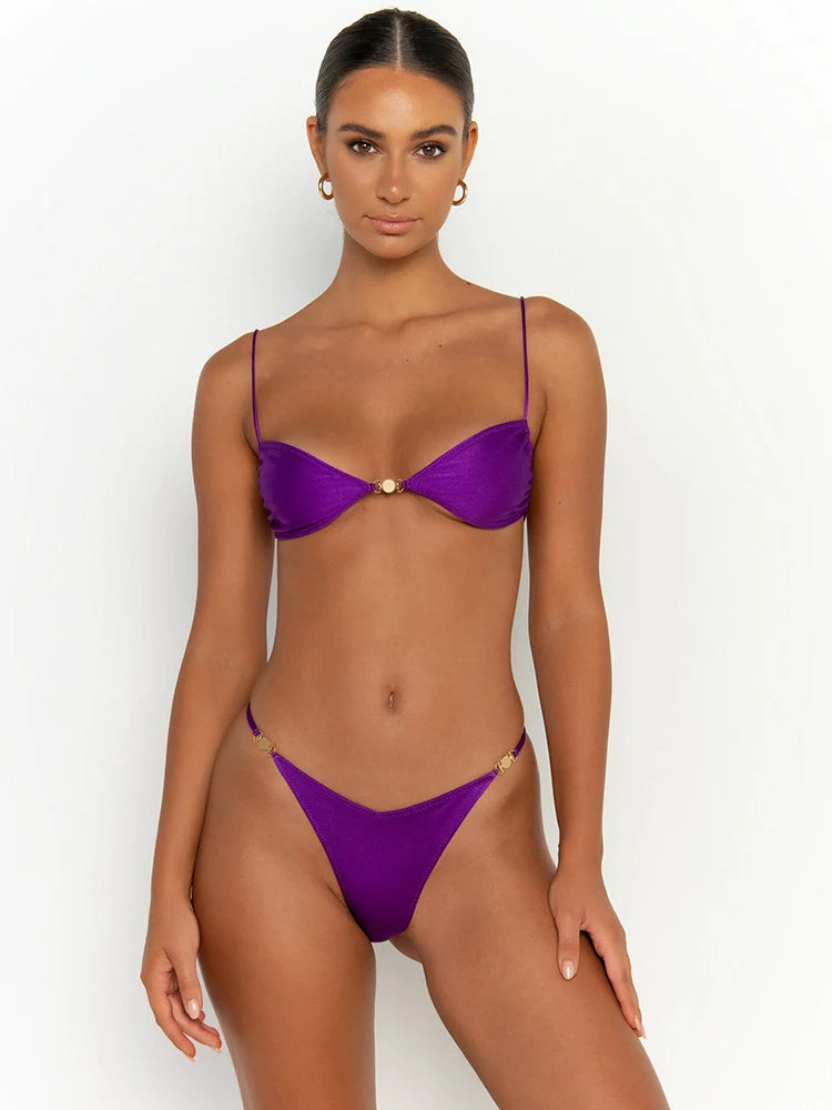 Traje de baño para mujer, bikini sexy de un solo color con lazos, tangas, trajes de baño de color liso, ropa de playa, bikini brasileño de verano 2024