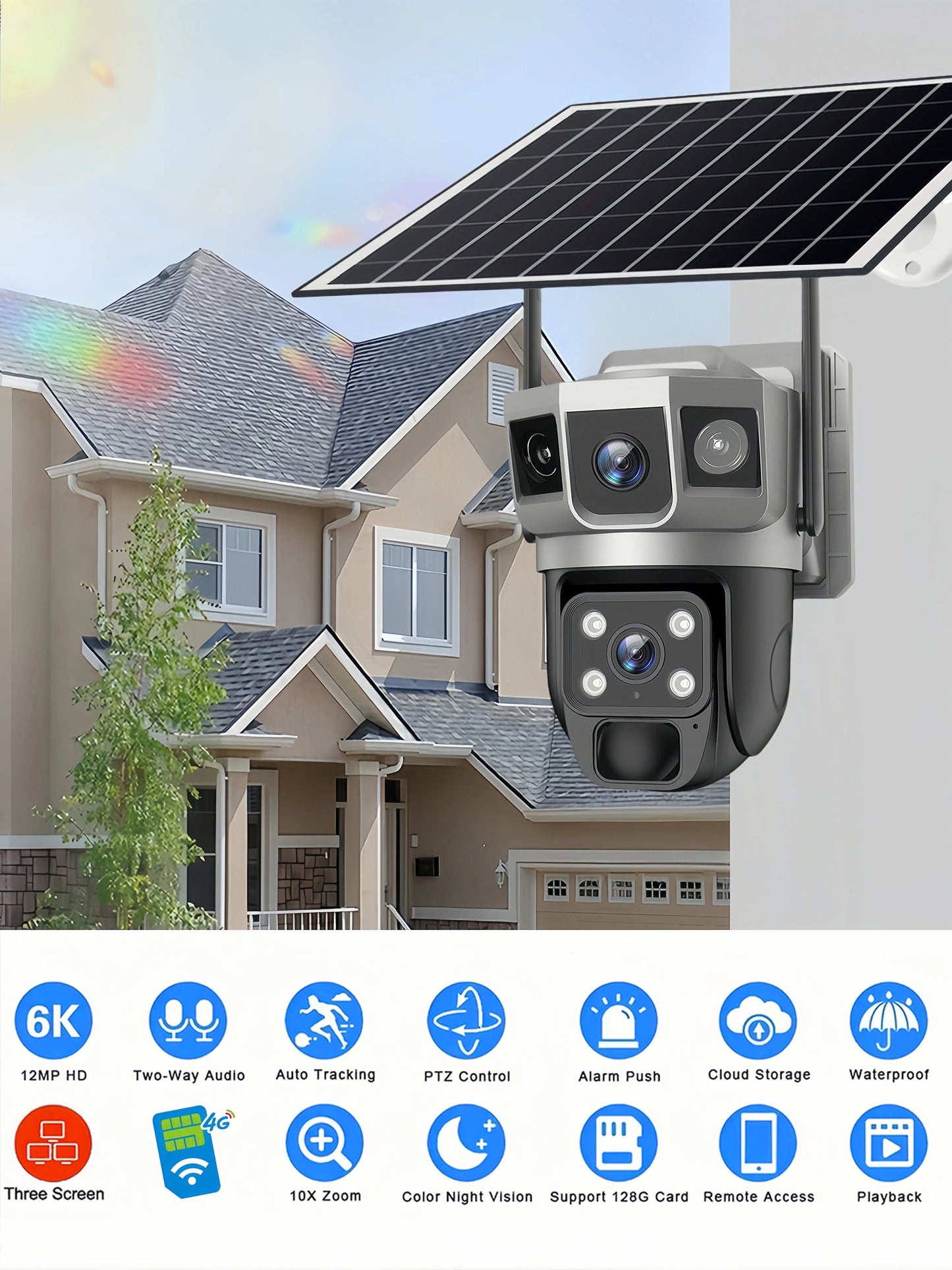 Cámara solar exterior V380Pro de 12 MP con IP 4G/WiFi, visión nocturna HD, seguimiento PTZ, detección de movimiento PIR y seguridad para el hogar (CCTV inteligente).