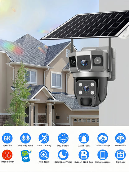Cámara solar exterior V380Pro de 12 MP con IP 4G/WiFi, visión nocturna HD, seguimiento PTZ, detección de movimiento PIR y seguridad para el hogar (CCTV inteligente).