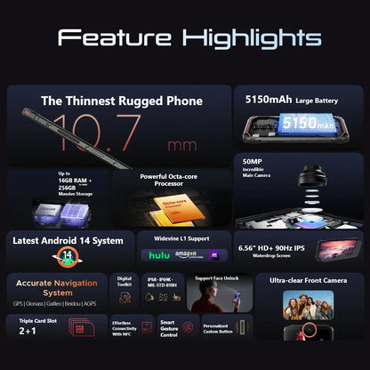DOOGEE Blade 10 Pro (2024), teléfono móvil resistente con Android 14, 16 GB de almacenamiento + 256 GB (2 TB), pantalla HD+ de 6,56 pulgadas, batería de 5150 mAh.