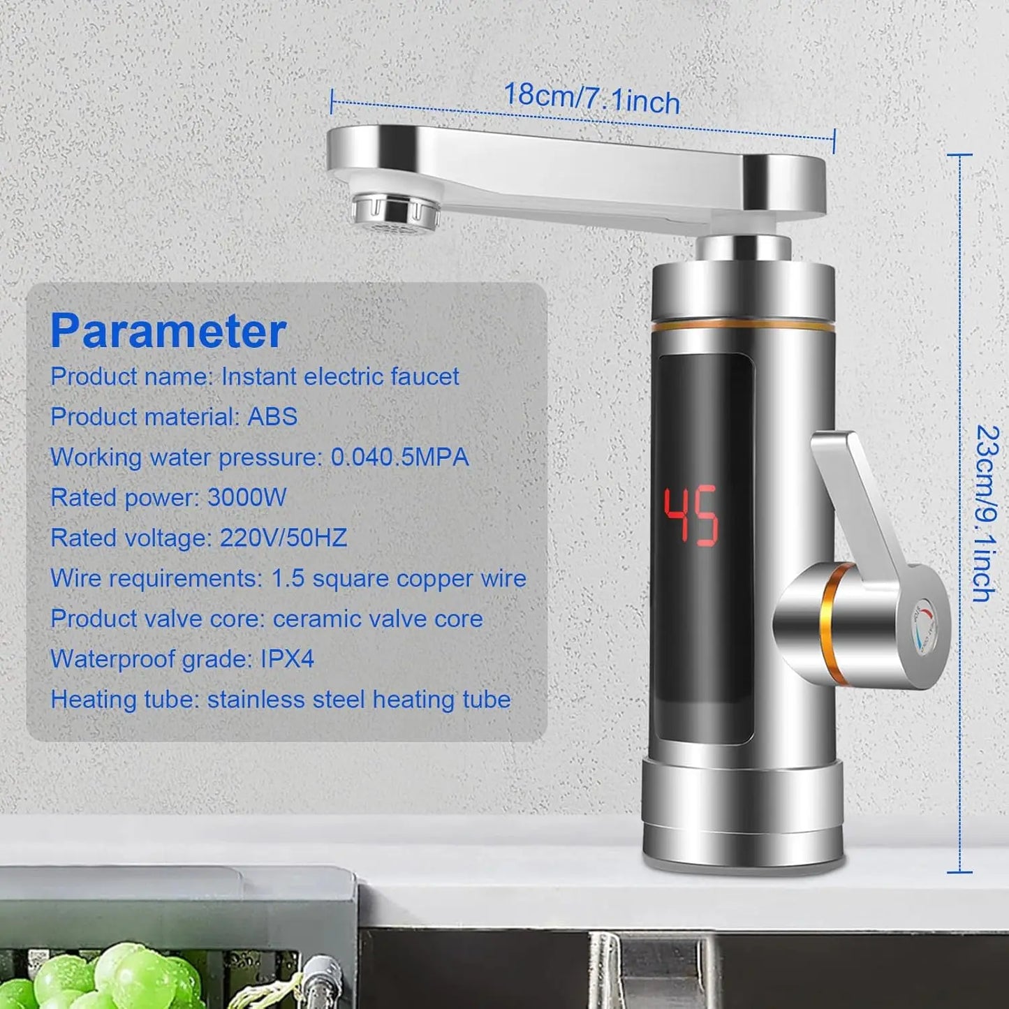 Grifo calentador eléctrico instantáneo sin tanque, con pantalla LCD de temperatura y mezcla de 360°.