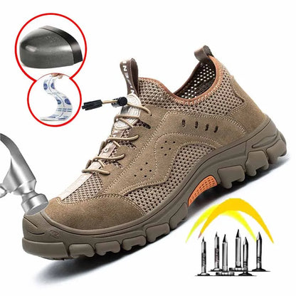 Zapatos de seguridad de piel de vaca, transpirables, para hombre, con puntera de acero, resistentes a impactos, botas de trabajo, indestructibles, zapatillas de trabajo modernas.