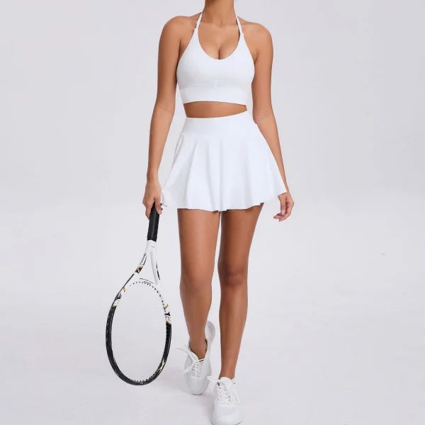 Conjunto de yoga para mujer, sujetador deportivo para exteriores, falda de tenis antiexposición, camiseta sin mangas de yoga transpirable de secado rápido, novedad de 2025