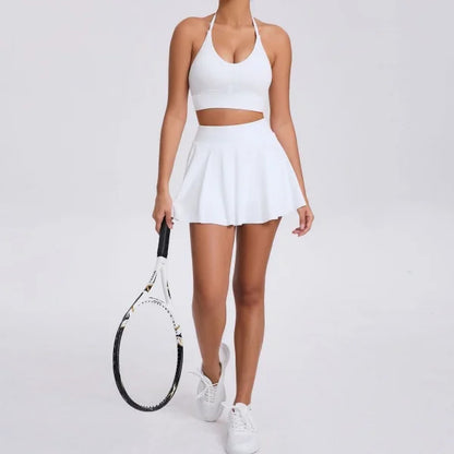 Conjunto de yoga para mujer, sujetador deportivo para exteriores, falda de tenis antiexposición, camiseta sin mangas de yoga transpirable de secado rápido, novedad de 2025