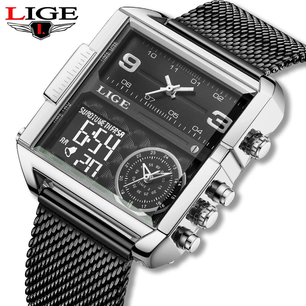 Reloj LIGE de acero negro para hombre, reloj digital con doble pantalla, cronógrafo deportivo, resistente al agua, de cuarzo, estilo militar