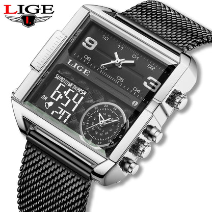Reloj LIGE de acero negro para hombre, reloj digital con doble pantalla, cronógrafo deportivo, resistente al agua, de cuarzo, estilo militar