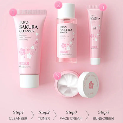 Sakura Skin Care Set Limpiador facial, suero, tónico, protector solar, crema facial Belleza cuidado de la piel Para mujeres Regalos Rutina Kit de viaje