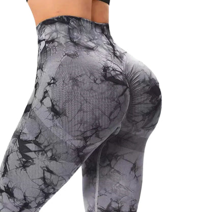 Pantalones de yoga de diseño, teñidos con la técnica tie-dye, cintura ancha, corte ajustado, sin costuras, efecto melocotón en la cadera, pantalones deportivos.