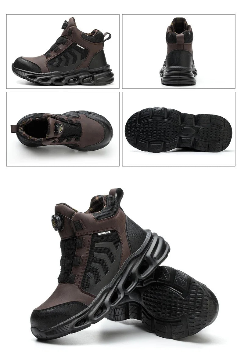 Zapatos de seguridad para hombre, de caña alta, universales para las cuatro estaciones, con hebilla giratoria antideslizante, puntera de acero, antiaplastamiento y antiperforación.