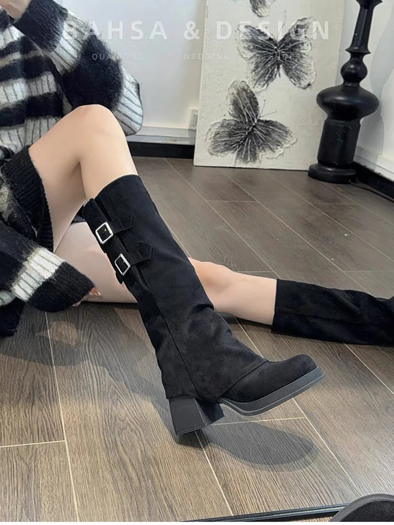 Botas vintage para mujer, con hebilla de cinturón extraíble, para otoño e invierno, con tacón grueso, elegantes y largas.