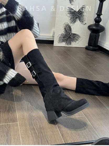 Botas vintage para mujer, con hebilla de cinturón extraíble, para otoño e invierno, con tacón grueso, elegantes y largas.