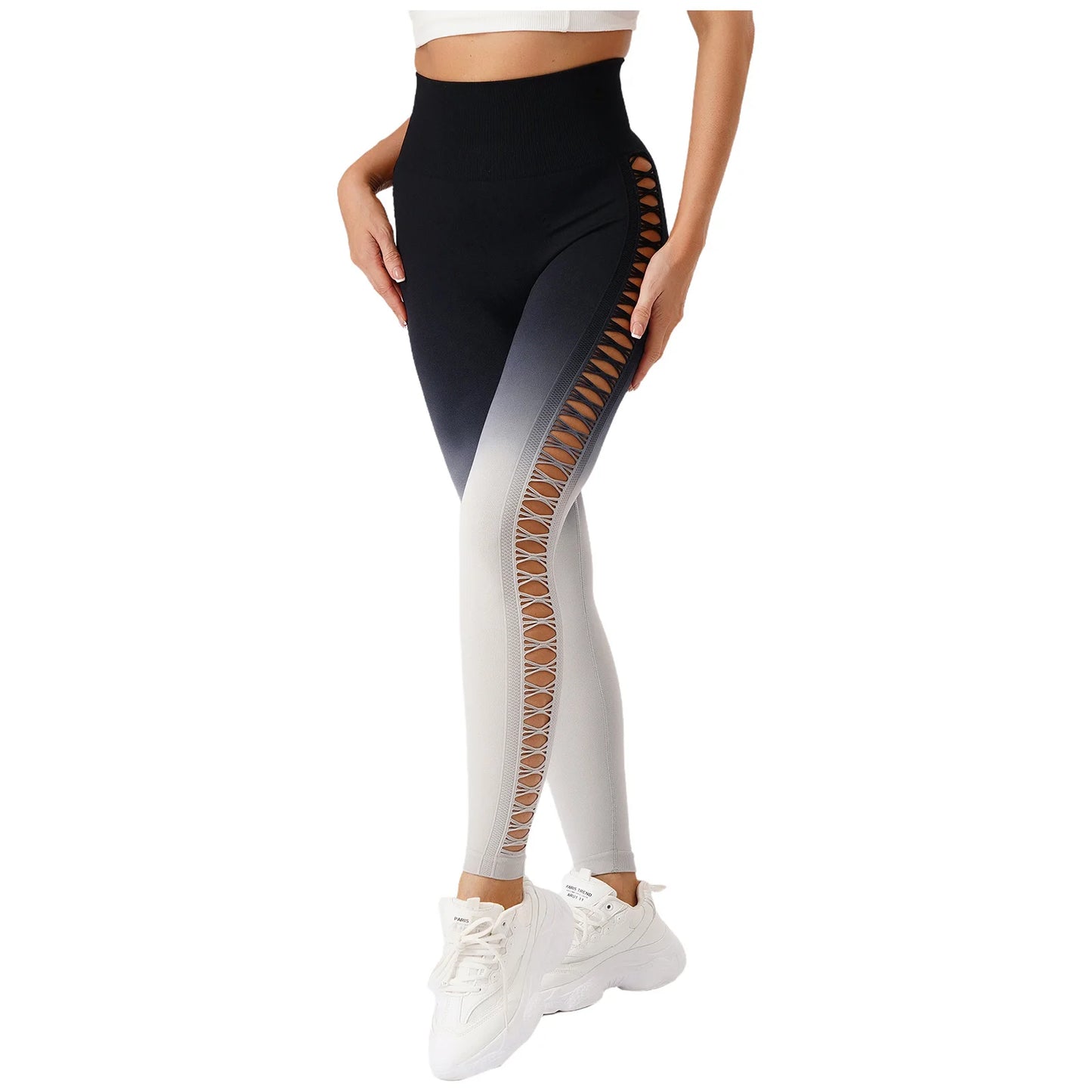 Womens Hip Tight Yoga Pants High Waist Side Hollowed-Out Mesh Design Exercise Yoga Leggings Running Gym Fitness