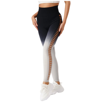 Womens Hip Tight Yoga Pants High Waist Side Hollowed-Out Mesh Design Exercise Yoga Leggings Running Gym Fitness