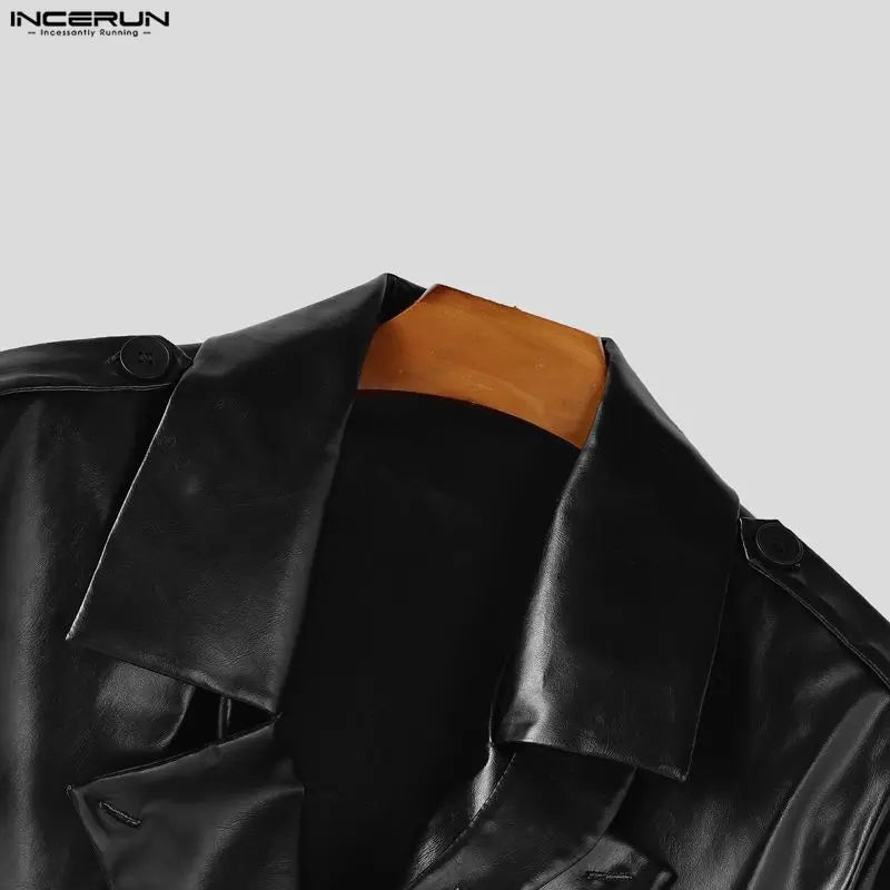 Abrigo INCERUN para hombre, de piel sintética lisa, con solapa, manga larga, estilo gabardina informal, estilo punk urbano, cortavientos.