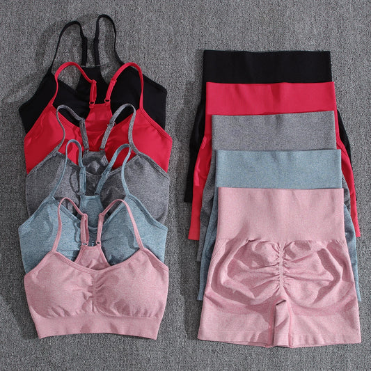 Conjuntos de dos piezas para mujer, pantalones cortos color melocotón, chándal femenino, conjunto de gimnasio, pantalones cortos de fitness con cuello halter, sujetador push up de verano