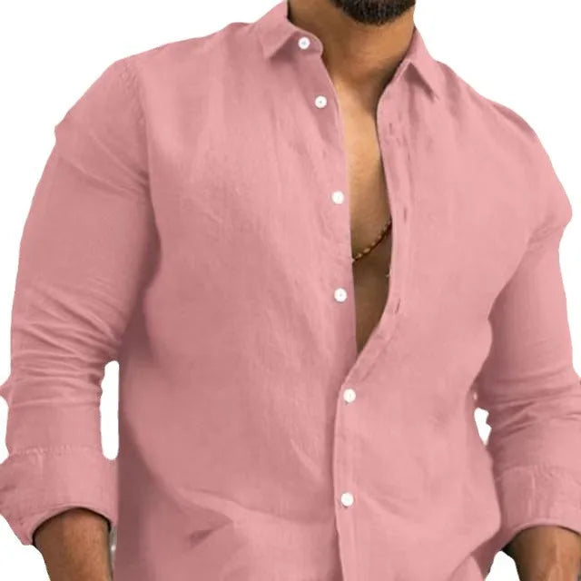 Blusa holgada de lino y algodón para hombre, camisa de verano de manga larga con cuello vuelto y botones, color liso, para negocios, FYY-10721